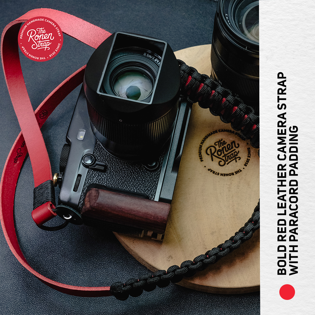 Bold Red Leather with Black Paracord padding camera strap for mirrorless camera