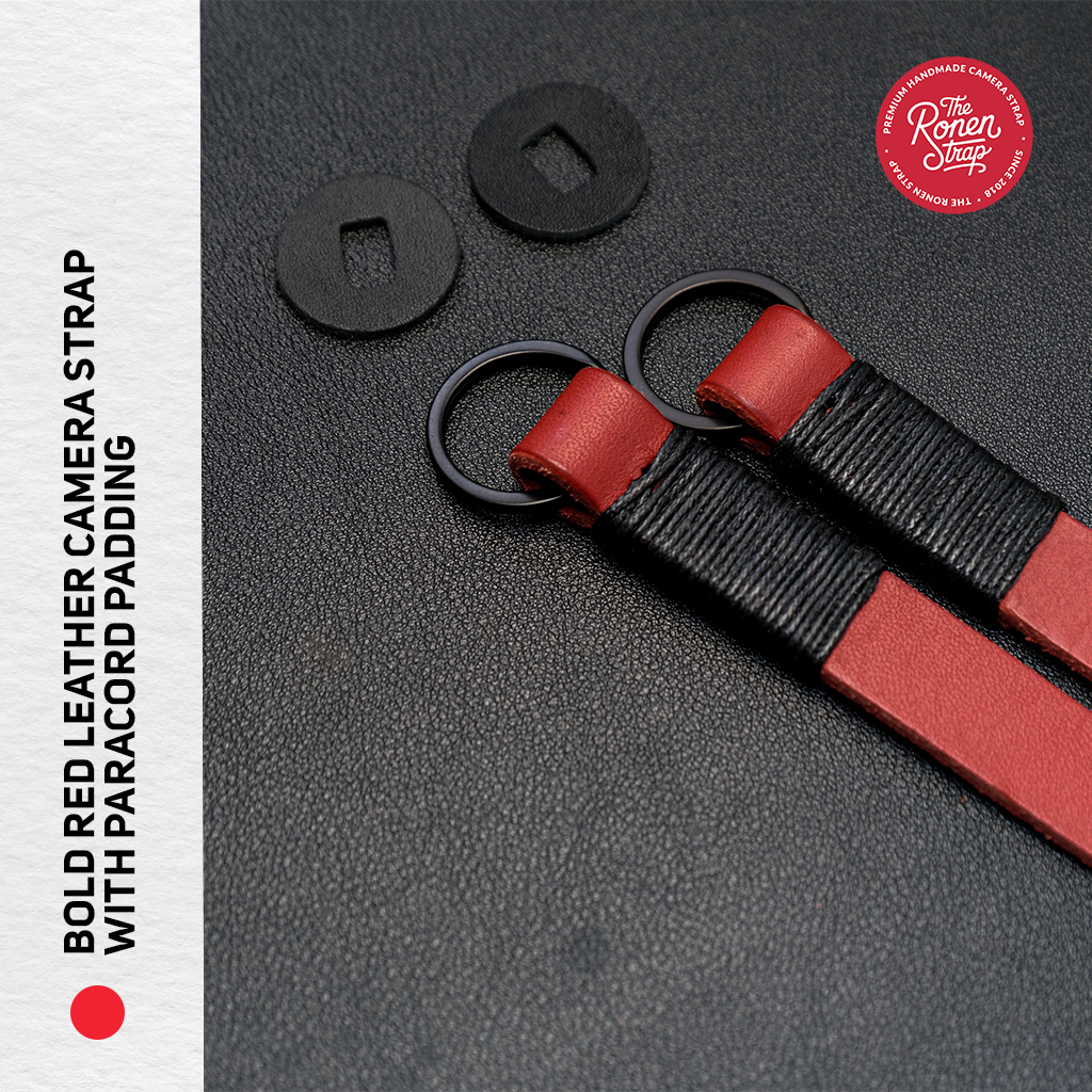 Bold Red Leather with Black Paracord padding camera strap for mirrorless camera