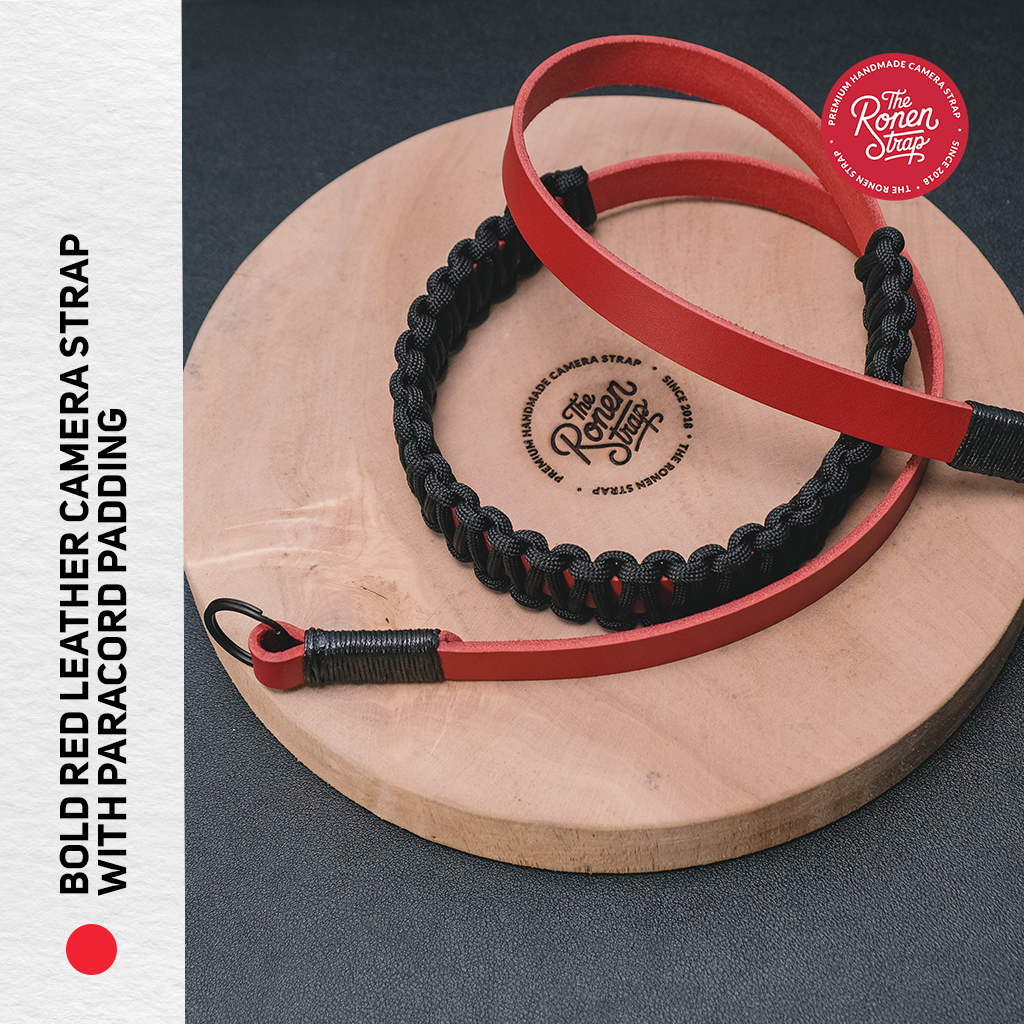 Bold Red Leather with Black Paracord padding camera strap for mirrorless camera