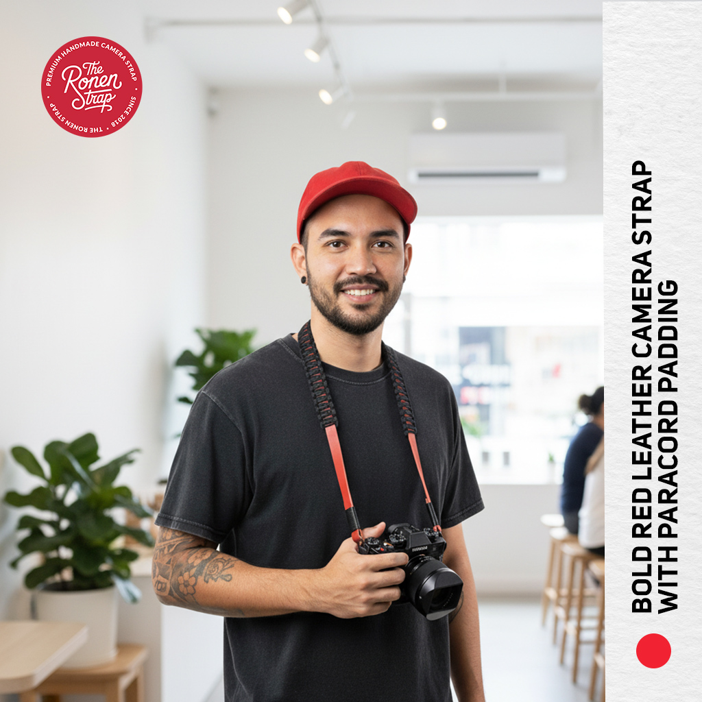 Bold Red Leather with Black Paracord padding camera strap for mirrorless camera