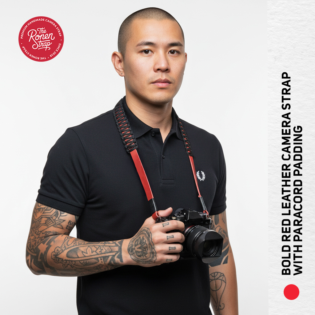 Bold Red Leather with Black Paracord padding camera strap for mirrorless camera