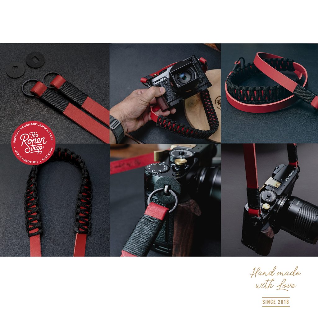 Bold Red Leather with Black Paracord padding camera strap for mirrorless camera