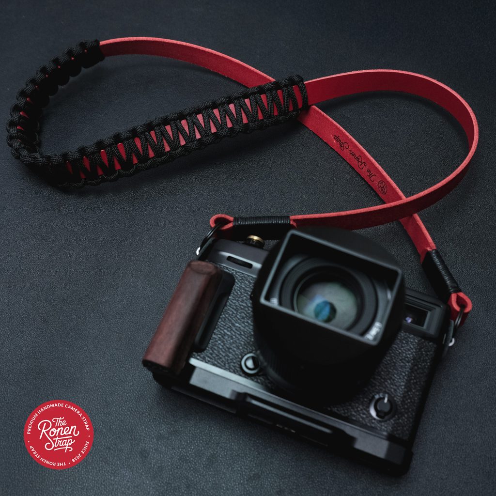 Bold Red Leather with Black Paracord padding camera strap for mirrorless camera