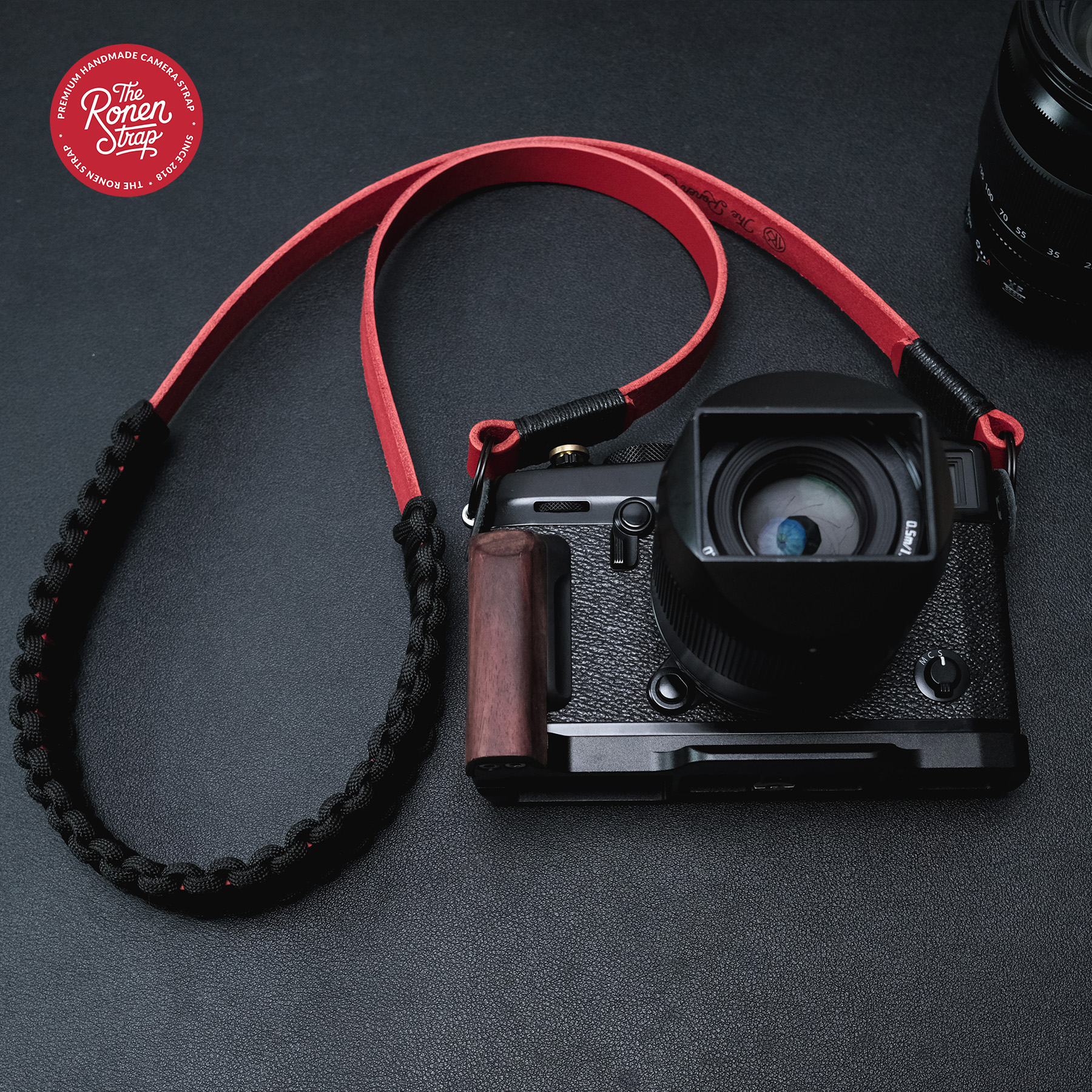 Bold Red Leather with Black Paracord padding camera strap for mirrorless camera