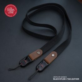 The Ronen Strap - Zephyr series black nylon webbing with tan leather